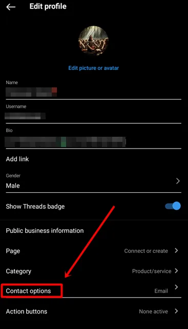 Опция за контакт в профила в Instagram