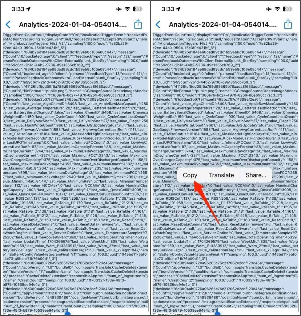 „Analytics“ žurnalo teksto kopijavimas „iOS 17“.