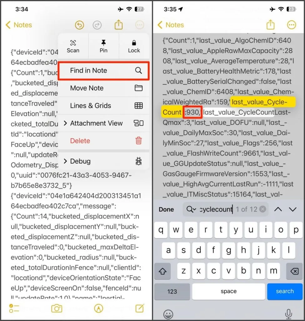 Utilisation de la fonctionnalité Rechercher dans la note dans l'application Notes