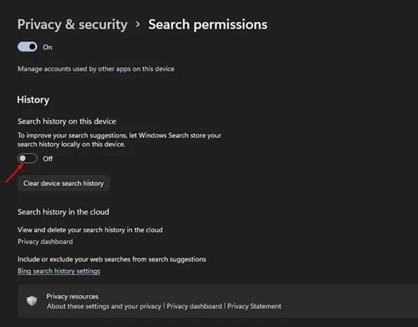 изключете превключвателя за История на търсенията на това устройство
