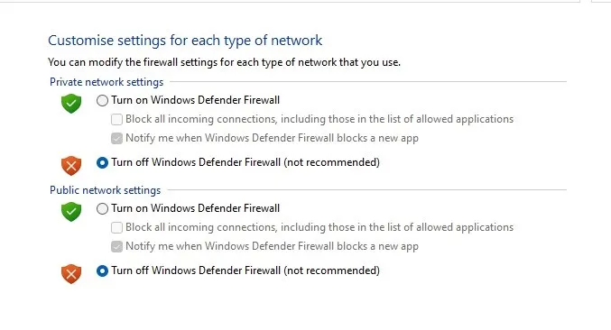 Désactivez le pare-feu Windows Defender