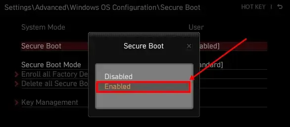 Entre em Secure Boot e selecione a opção Enabled