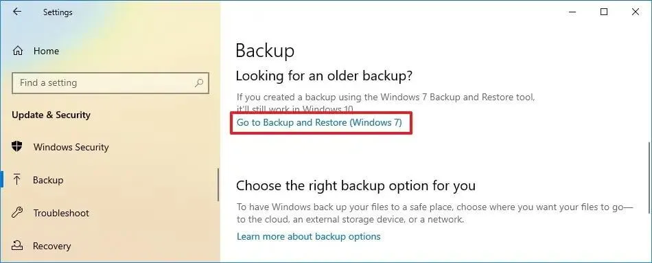 Vá para Backup e Restauração (Windows 7)