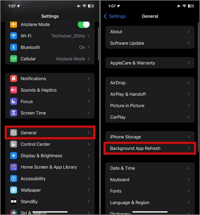 options d'actualisation de l'application en arrière-plan dans les paramètres de l'iPhone