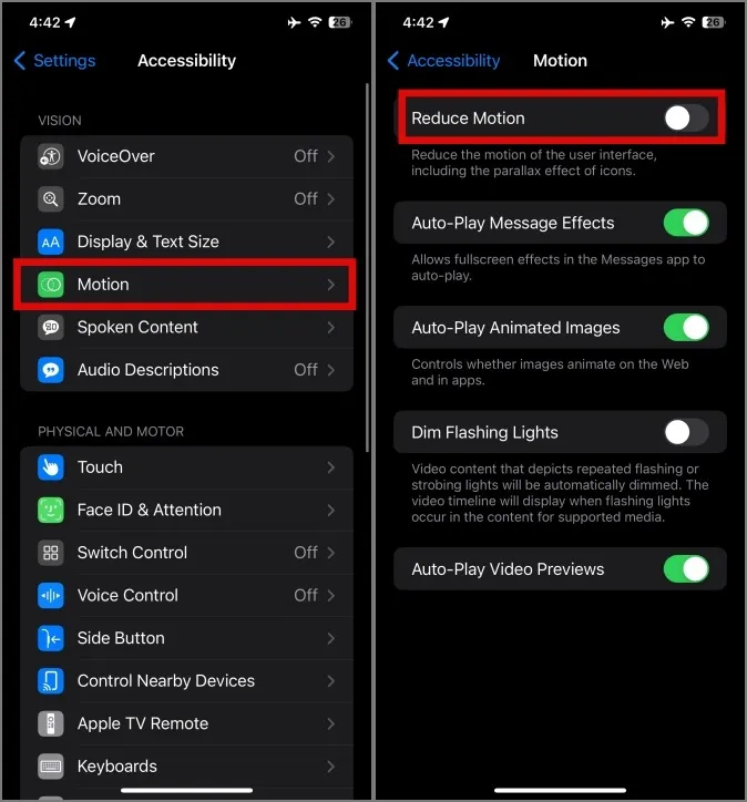 réduire les mouvements dans les paramètres d'accessibilité de l'iPhone