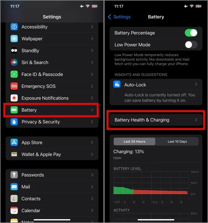 état de la batterie et options de chargement dans les paramètres de l'iPhone