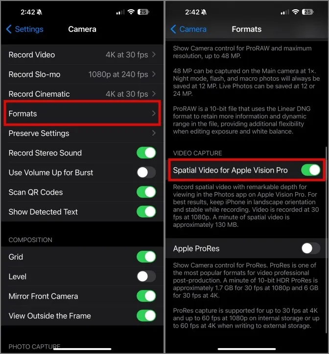 cambiar el formato para permitir la grabación de video espacial en el iPhone