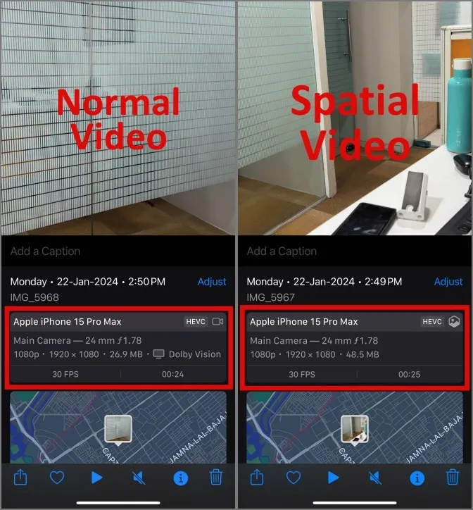 différence de spécifications entre les vidéos spatiales enregistrées et les vidéos normales de l'iPhone 15 pro max