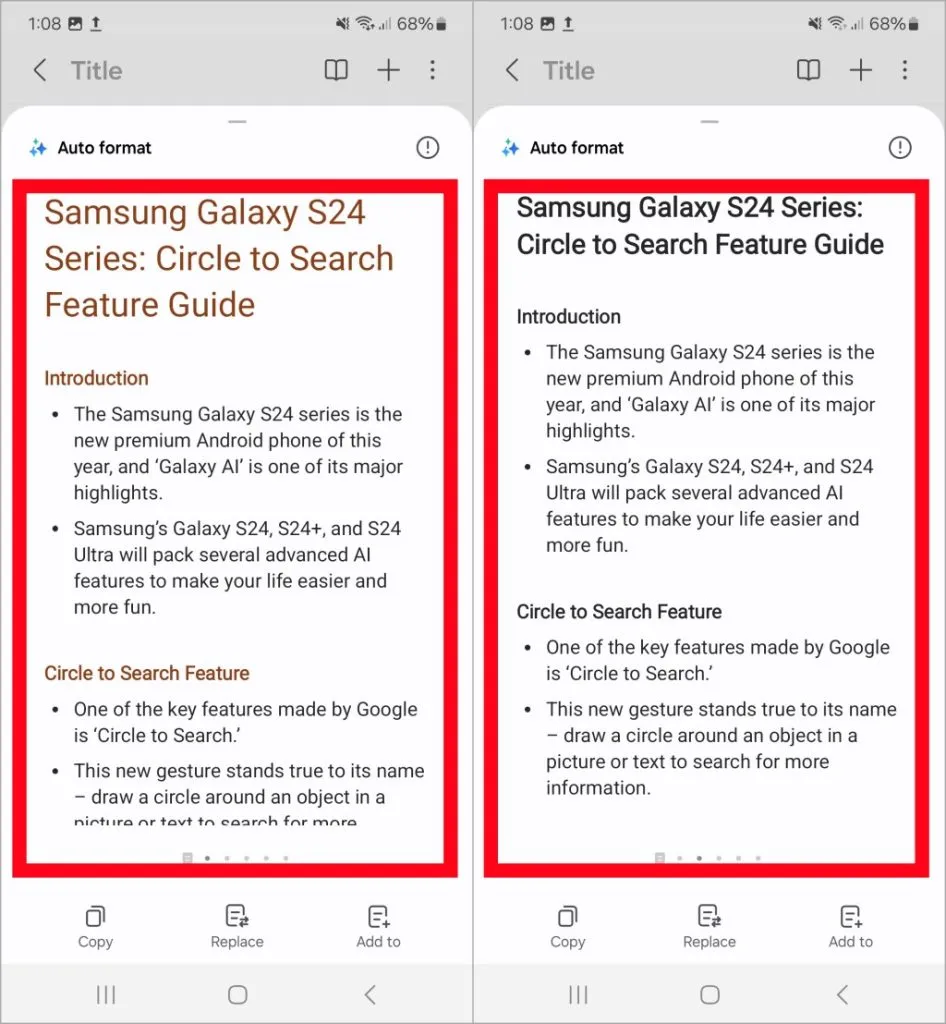 notas de formatação automática no Galaxt S24