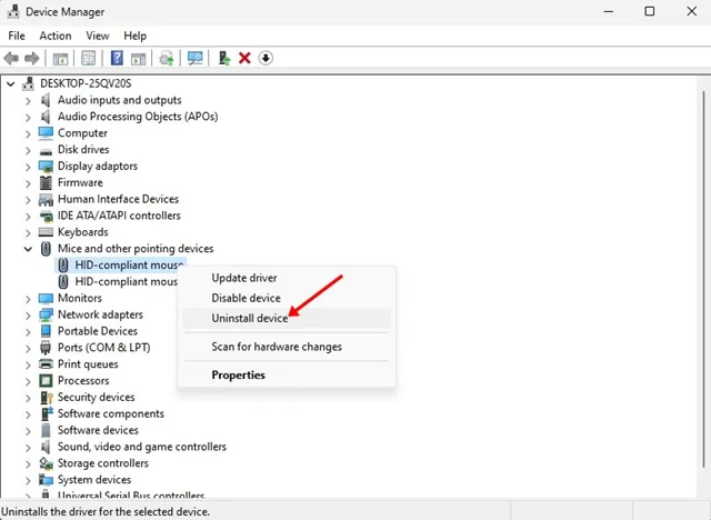 Mouse e seleziona Disinstalla dispositivo