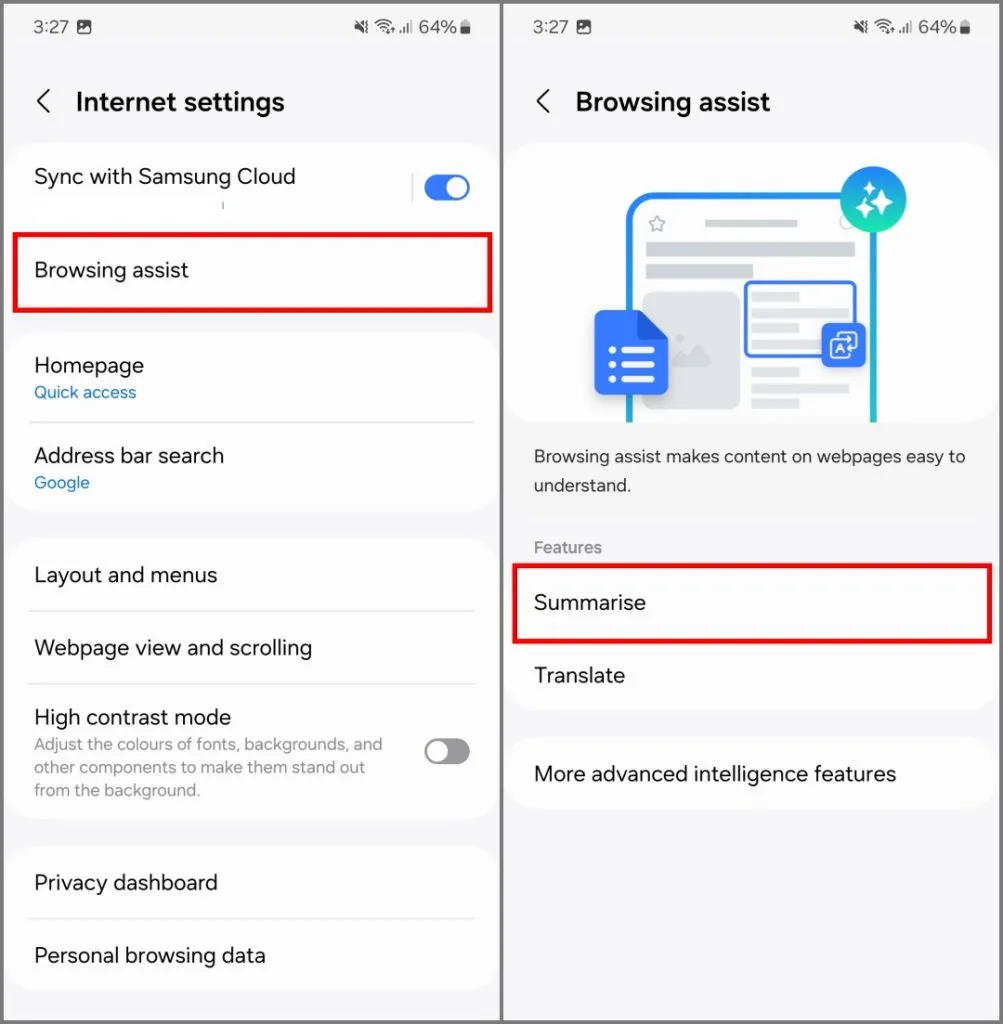 Recurso de resumo do assistente de navegação no Samsung Internet no Galaxy S24