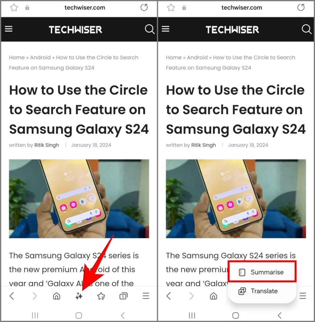 Recurso AI Summarize no Samsung Internet no Galaxy S24