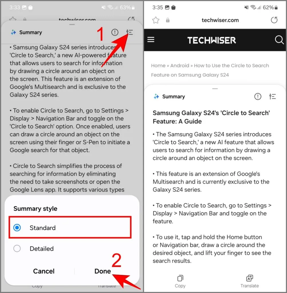 Resumir la configuración de funciones en Samsung Internet en Galaxy S24