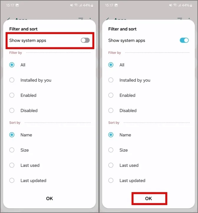 habilitar aplicaciones del sistema en la lista de aplicaciones en teléfonos Samsung Galaxy