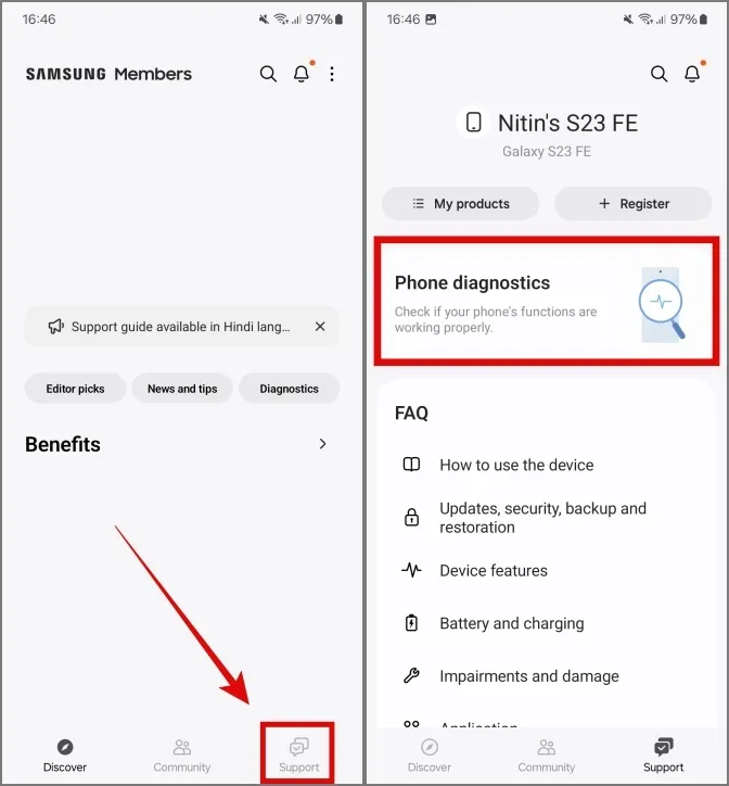 diagnostics du téléphone dans l'application Samsung Members sur le téléphone Samsung Galaxy