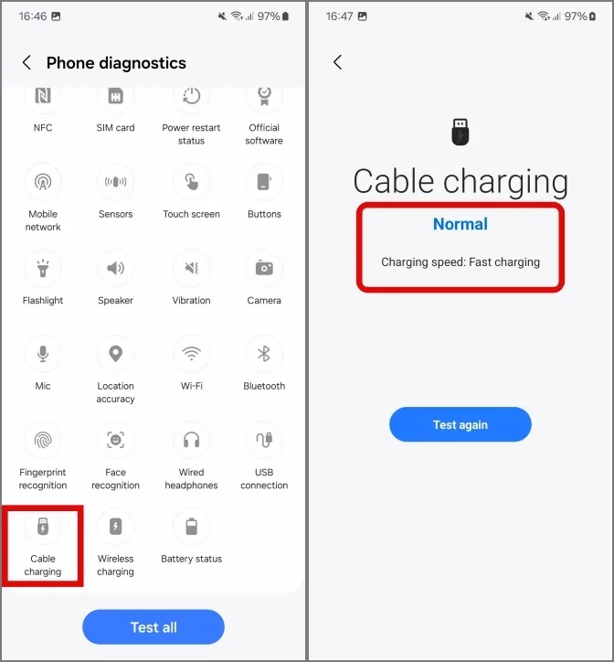 Controllo dello stato di ricarica del cavo utilizzando l'app Samsung Members nei telefoni Samsung Galaxy