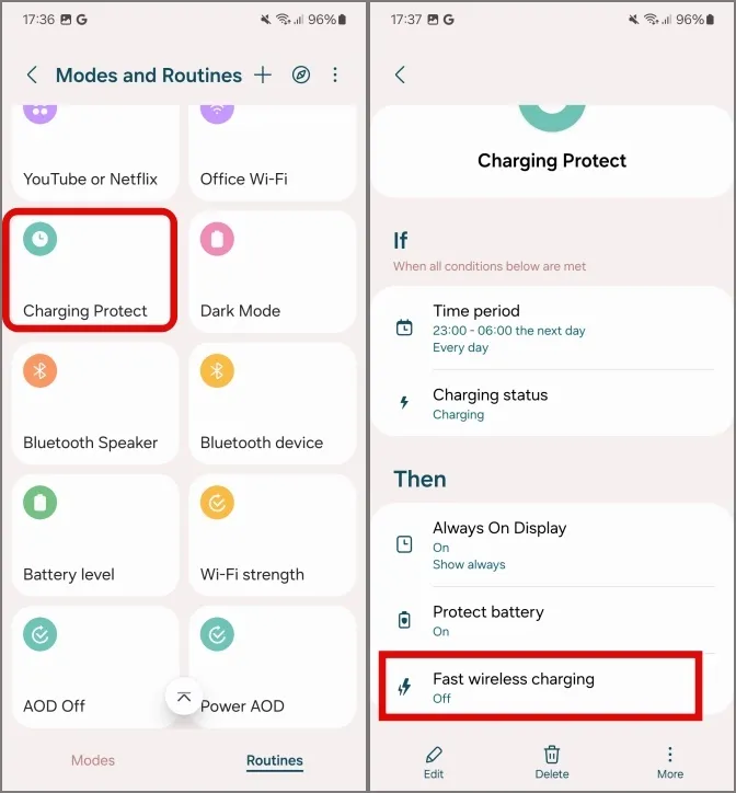 Modification de la condition Ensuite pour la routine de chargement sans fil rapide