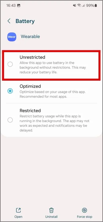 Ändern der Akkuoptimierungen für die Wearable-App in Samsung Galaxy-Handys auf „Uneingeschränkt“.