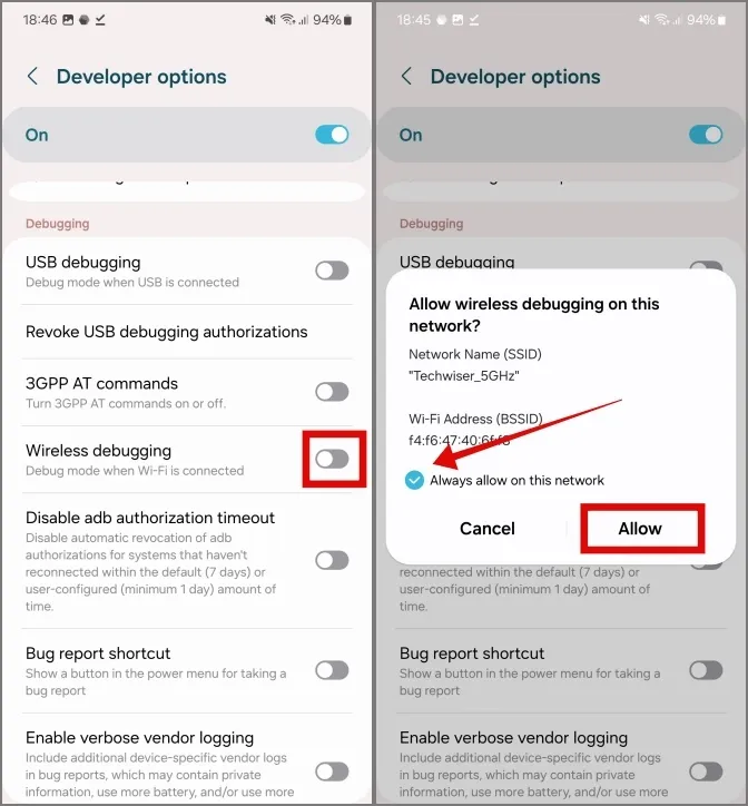 habilitar la depuración inalámbrica y permitir lo mismo en los teléfonos Samsung Galaxy