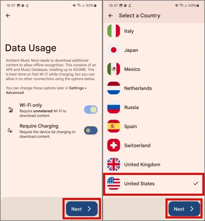 seleccionando la región para descargar la base de datos en Now Playing en el mod de música ambiental