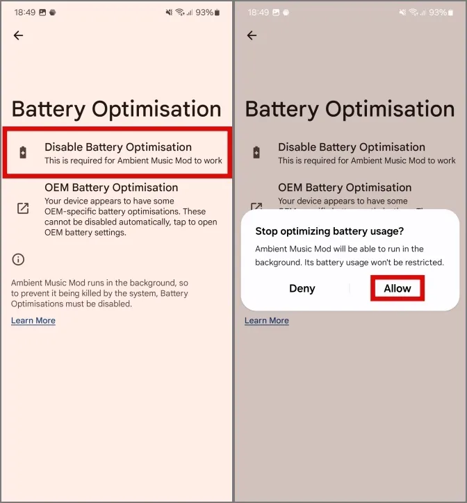 akun optimoinnin poistaminen käytöstä toistamista varten samsung galaxy -puhelimissa