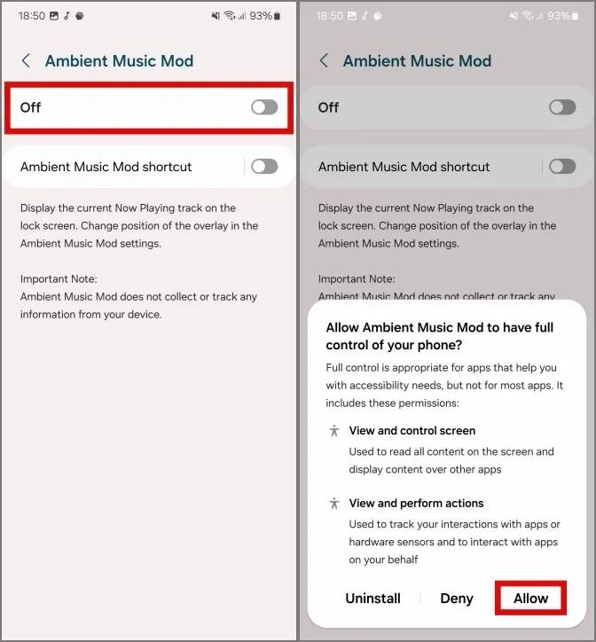 Permitir permisos de accesibilidad para mod de música ambiental en teléfonos Samsung Galaxy.