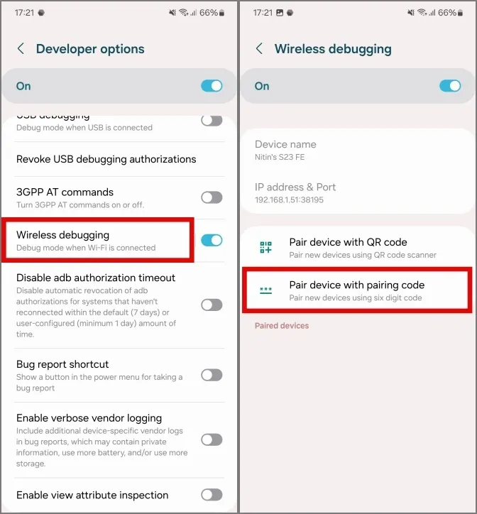 Generando código de emparejamiento para depuración inalámbrica en teléfonos Samsung Galaxy.