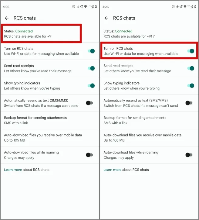 desactivar los chats RCS para un número de móvil y conectar otro número en mensajes de Google en Android