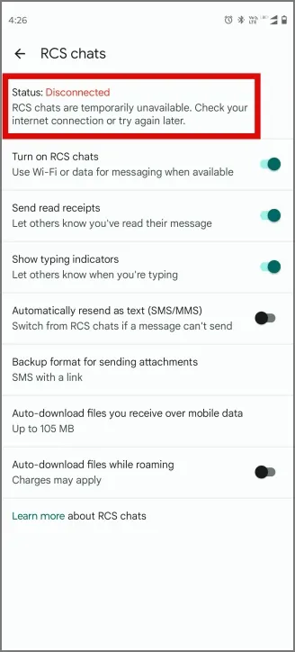 Chats RCS desconectados en mensajes de google en Android