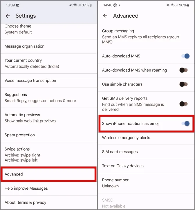 yendo a Configuración avanzada y activando Mostrar reacciones del iPhone como emoji alternar en mensajes de Google