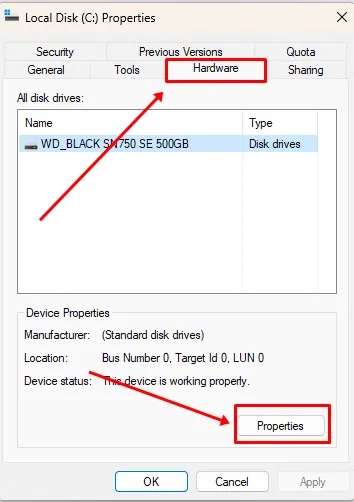 Selecione a opção Hardware