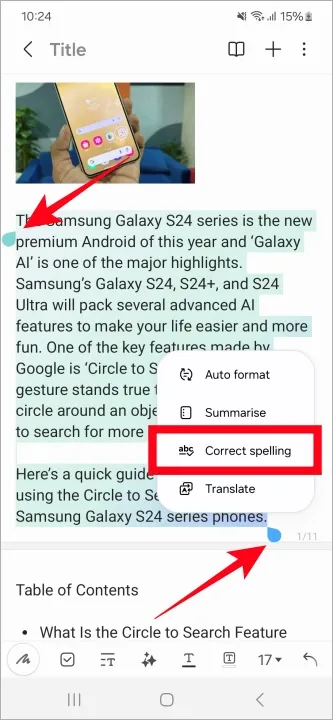 Korrekt stavning med Note Assist på Galaxy S24