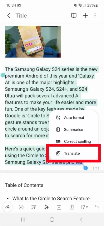 Tłumacz notatki za pomocą funkcji Note Assist na Galaxy S24