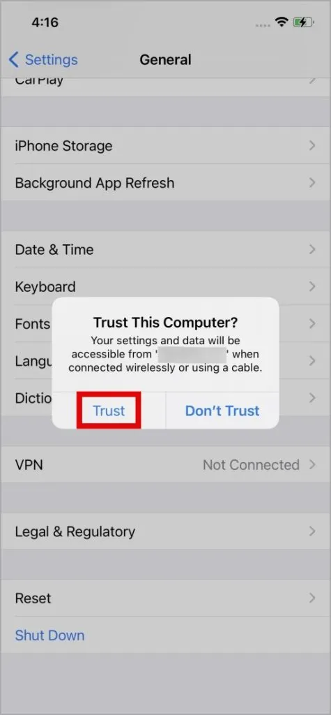 Confie neste prompt do computador no iPhone