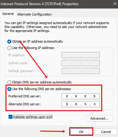 Käytä seuraavaa DNS-palvelinosoitteet -vaihtoehtoa