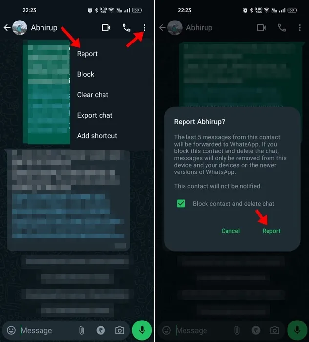 Hvordan rapportere en kontakt på WhatsApp?