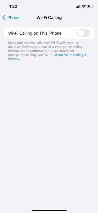 įgalinkite „Wi-Fi“ skambučių perjungimą šiame „iPhone“.