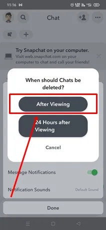 активировать удаление чата Snapchat после просмотра