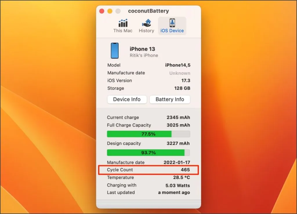 Coconutbattery mostra il conteggio dei cicli della batteria dell'iPhone su Mac