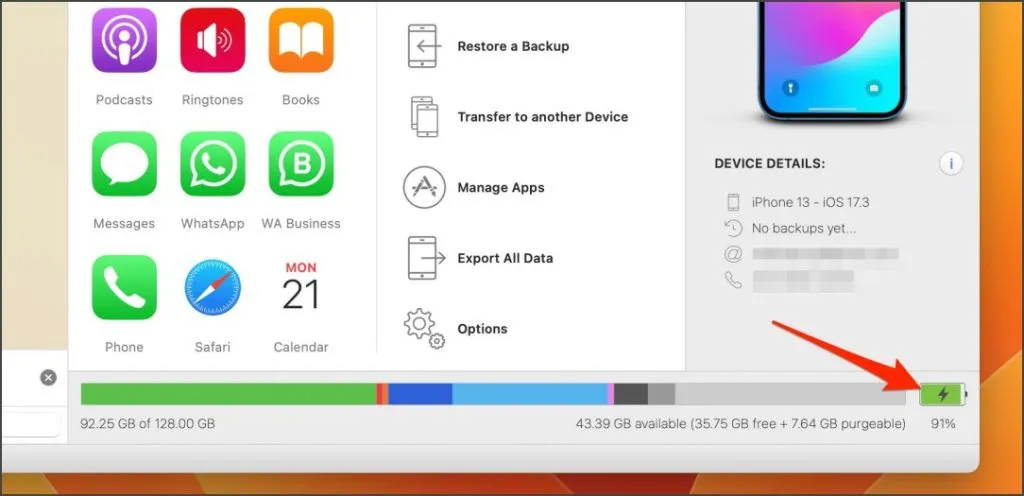 Icône de batterie dans l'application de bureau iMazing