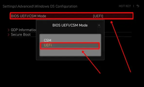 измените режим BIOS с CSM на UEFI