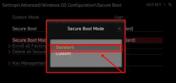 endre Secure Boot Mode fra Custom til Standard