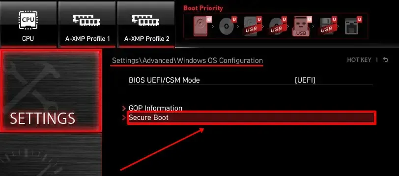 klikněte na Secure Boot