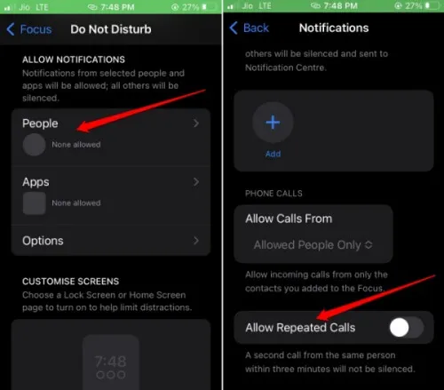 desativar chamadas repetidas Modo Focus iOS 16