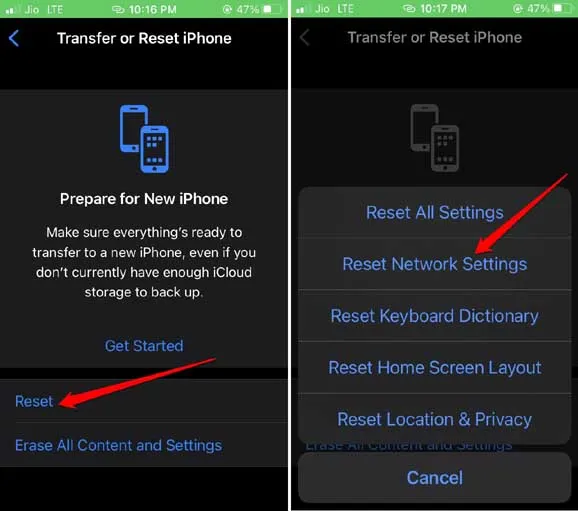 redefinir configurações de rede ios