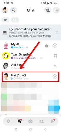 нажмите на удержание чата в Snapchat