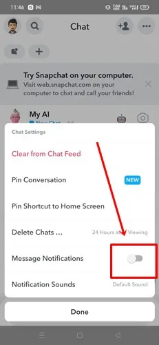 desativar a alternância de notificação de mensagens do Snapchat