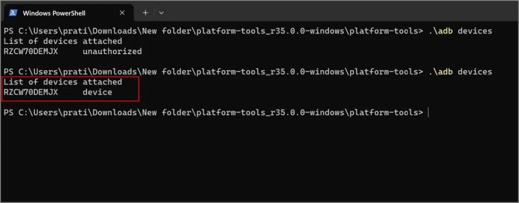 Befehl „adb devices“ in Windows Powershell unter Windows 11