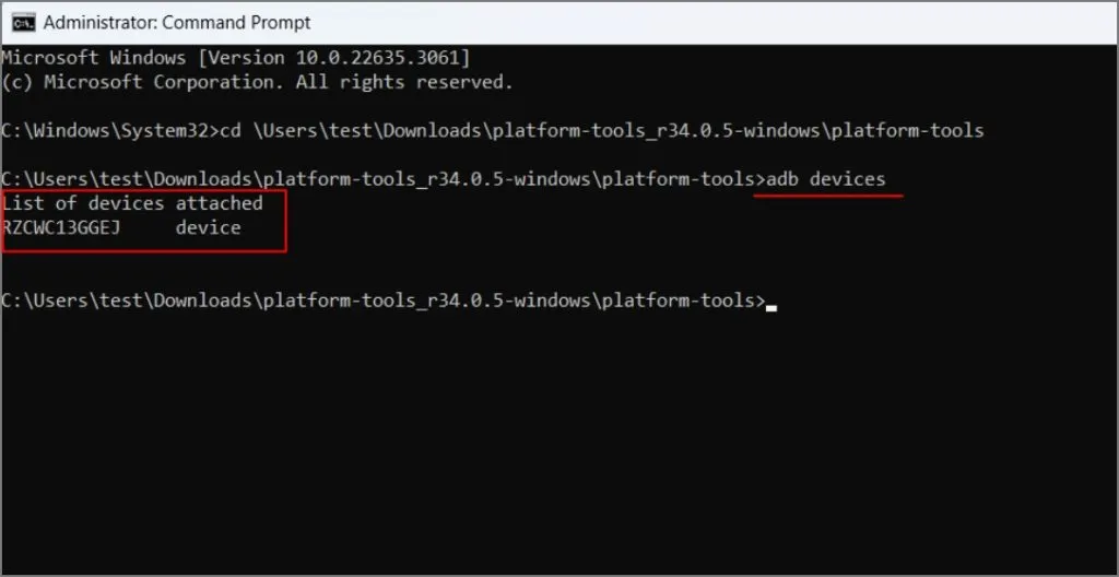 Comando de dispositivos ADB no CMD no Windows