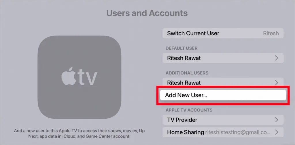 Neuen Benutzer auf Apple TV hinzufügen